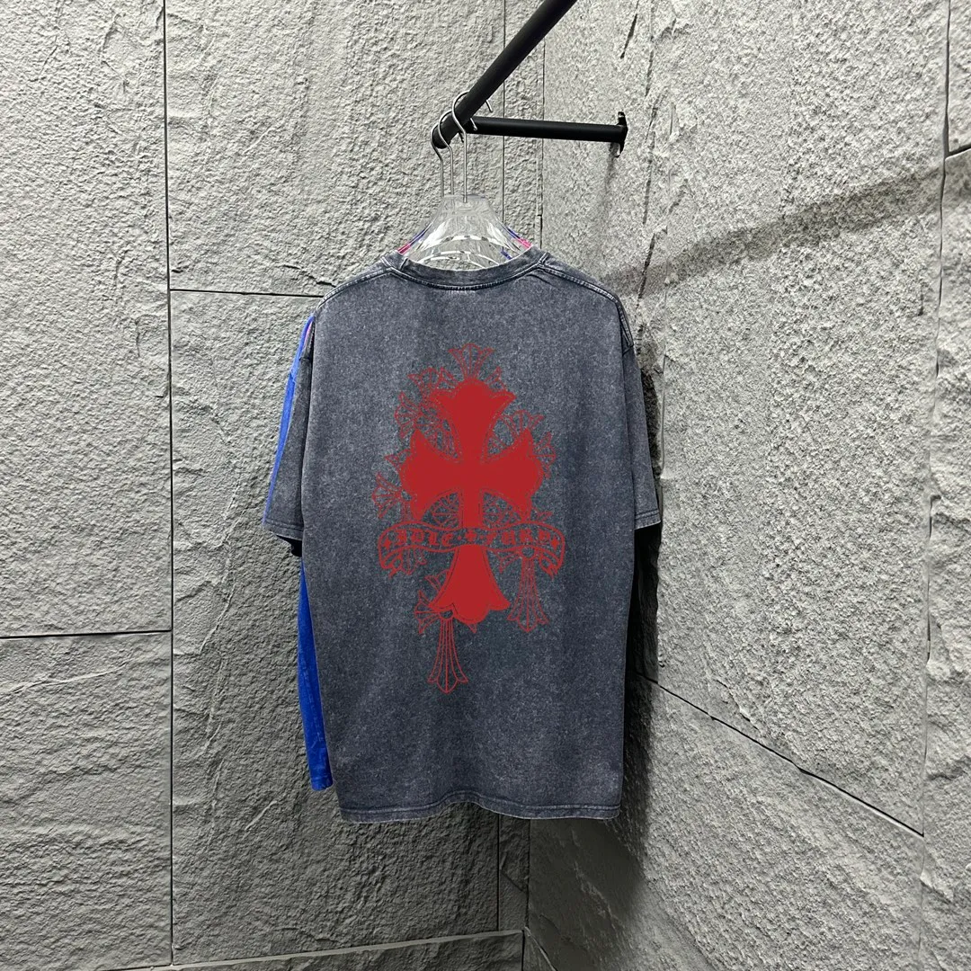 🅿️180 CH* Crow Heart* 2025 spring and summer new style Snowflake distressed washed retro round neck short sleeves Chest and front logo Horseshoe print Customized fabric Short-sleeved T-shirt Unisex Size: S M L XL XXL Color: Snowflake Black Snowflake Gray Snowflake Pink Snowflake Blue